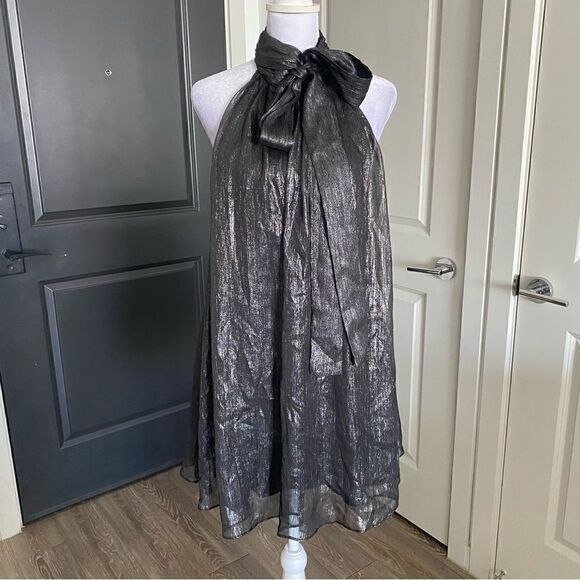 Choosy Gray Metallic A-line Halter Mini Dress with Open Back and Bow Tie Size S - Picture 1 of 10